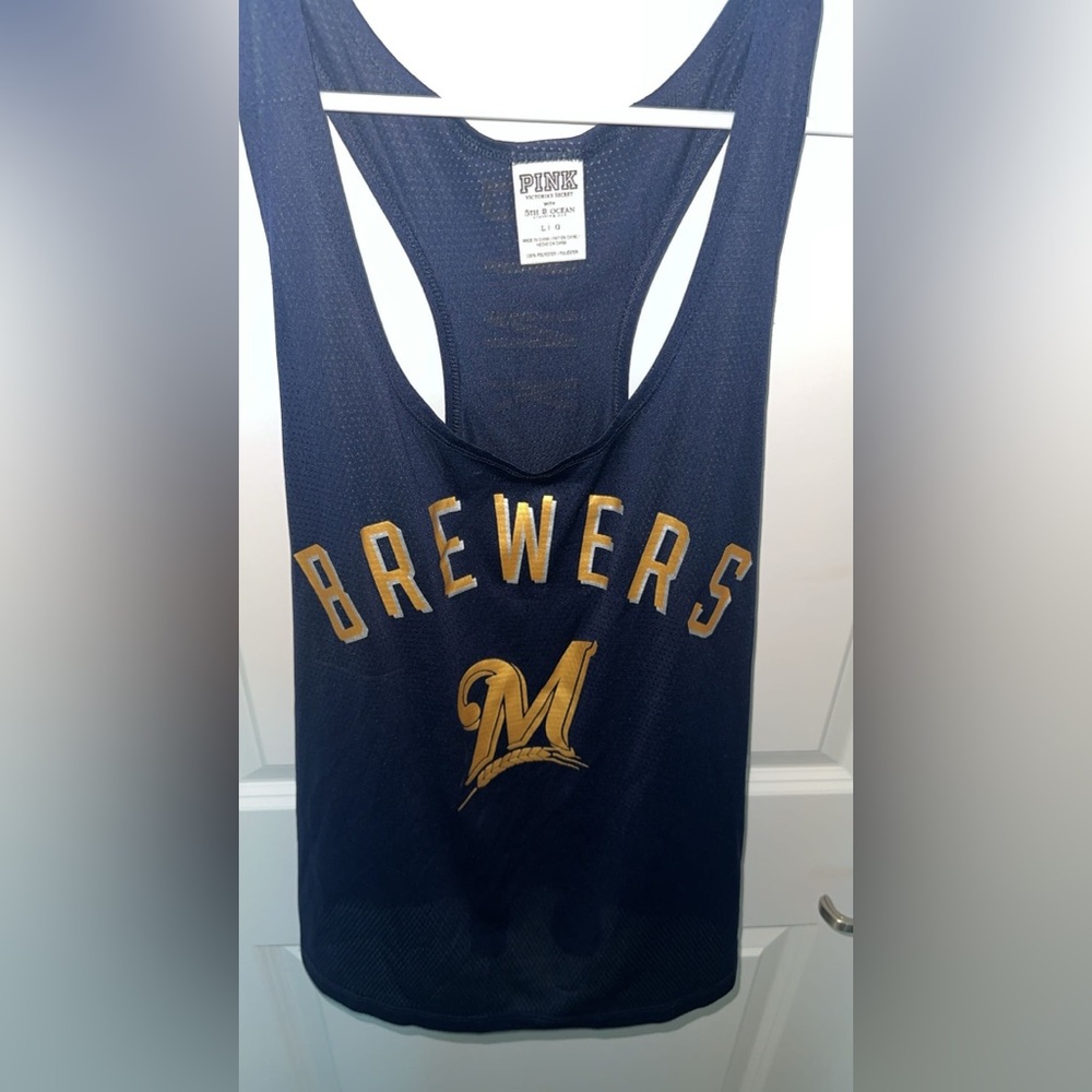 PINK Victoria's Secret Sz Large Navy Mesh Milwaukee Brewers Tank - Picture 2 of 4